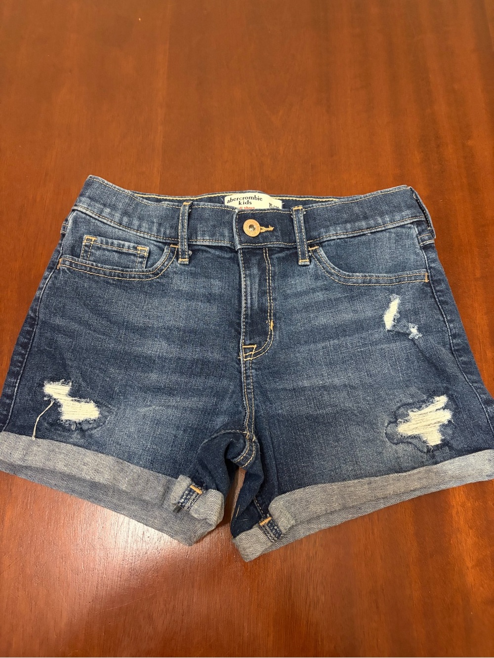 abercrombie kids dark blue distressed rolled-hem denim shorts